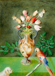 Vase mit Blumen, Papagei und Schoßhund, ca. 1600-25